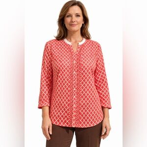 Charter Club Linen Blouse Womens Large Coral White Geometric Print 3/4 Sleeve